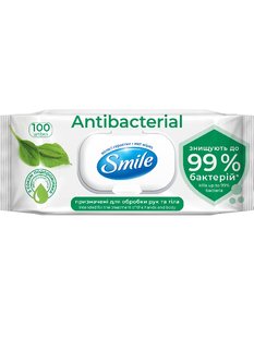 Вологі серветки Smile Antibacterial з подорожником, з клапаном, 100 шт/упаковка 56466 фото