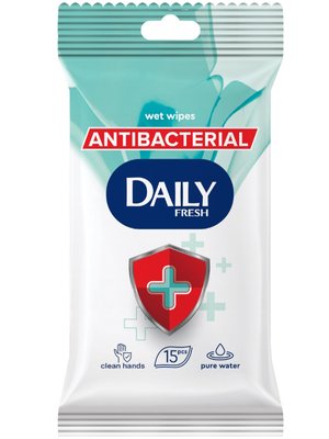 Вологі серветки Daily Fresh антибактеріальні, єврослот, 15 шт/упаковка (52 шт/ящ) 47013 фото