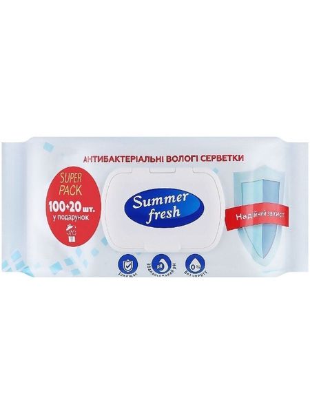 Серветки вологі Summer Fresh антибактеріальні, з клапаном, 120 шт/упаковка 91769 фото