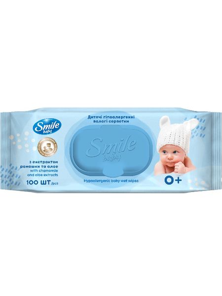 Вологі серветки Smile Baby Для Немовлят з екстрактом ромашки і алоє, з клапаном, 100 шт/упаковка (9шт/ящ) New Design 53960 фото
