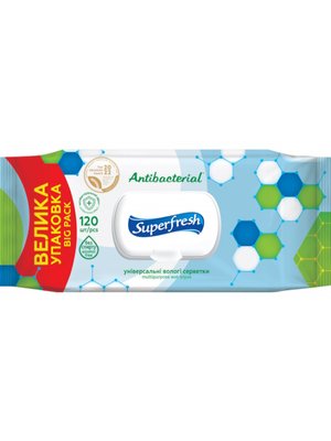Вологі серветки Superfresh Antibacterial з клапаном, 120 шт/упаковка (9 шт/ящ) 42285 фото