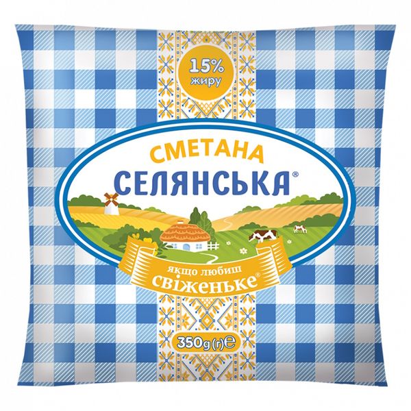 Сметана Селянська в м'якому пакеті 15% жирності, 350 г 86412 фото