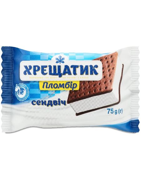 Морозиво Хрещатик Пломбір Сендвіч на печиві з какао, 15% жиру, 75 г, 21 уп/ящик 30273 фото